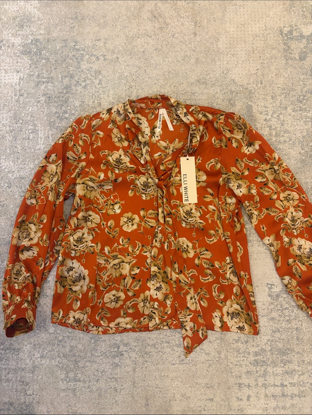 Ell White Rust Floral Tie-Neck Blouse